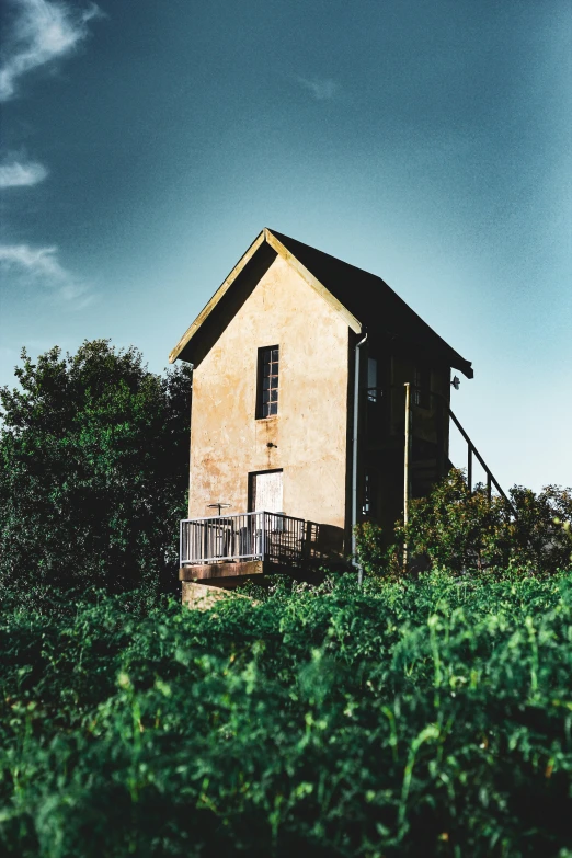 this old building stands in some tall grass