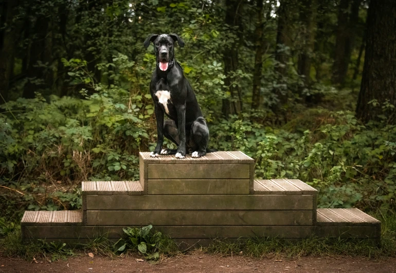 a dog sitting on steps with his tongue out