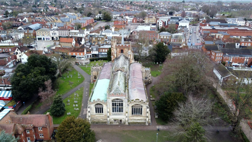 the large cathedral has many windows and towers