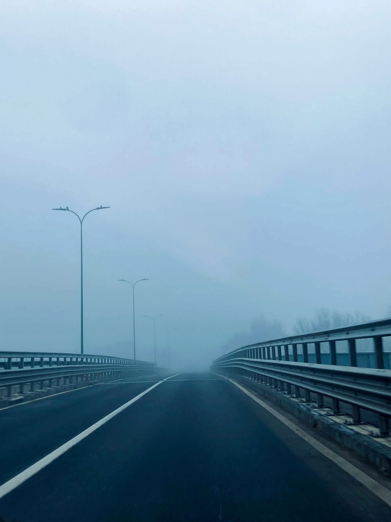 the road through the fog and fog on a winter day