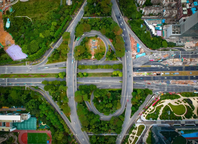 aerial view of multiple lanes and streets on multiple roads