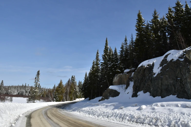 road curves through snow covered trees along side the mountain