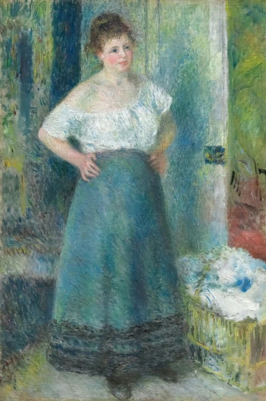 the painting shows a woman wearing a long skirt, with her hand on her hip