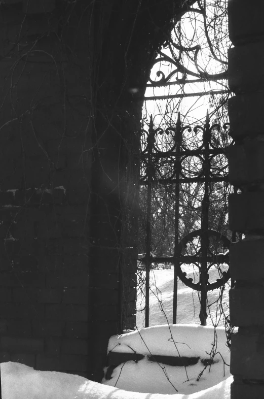 an old gate and snow covered ground in a cold day