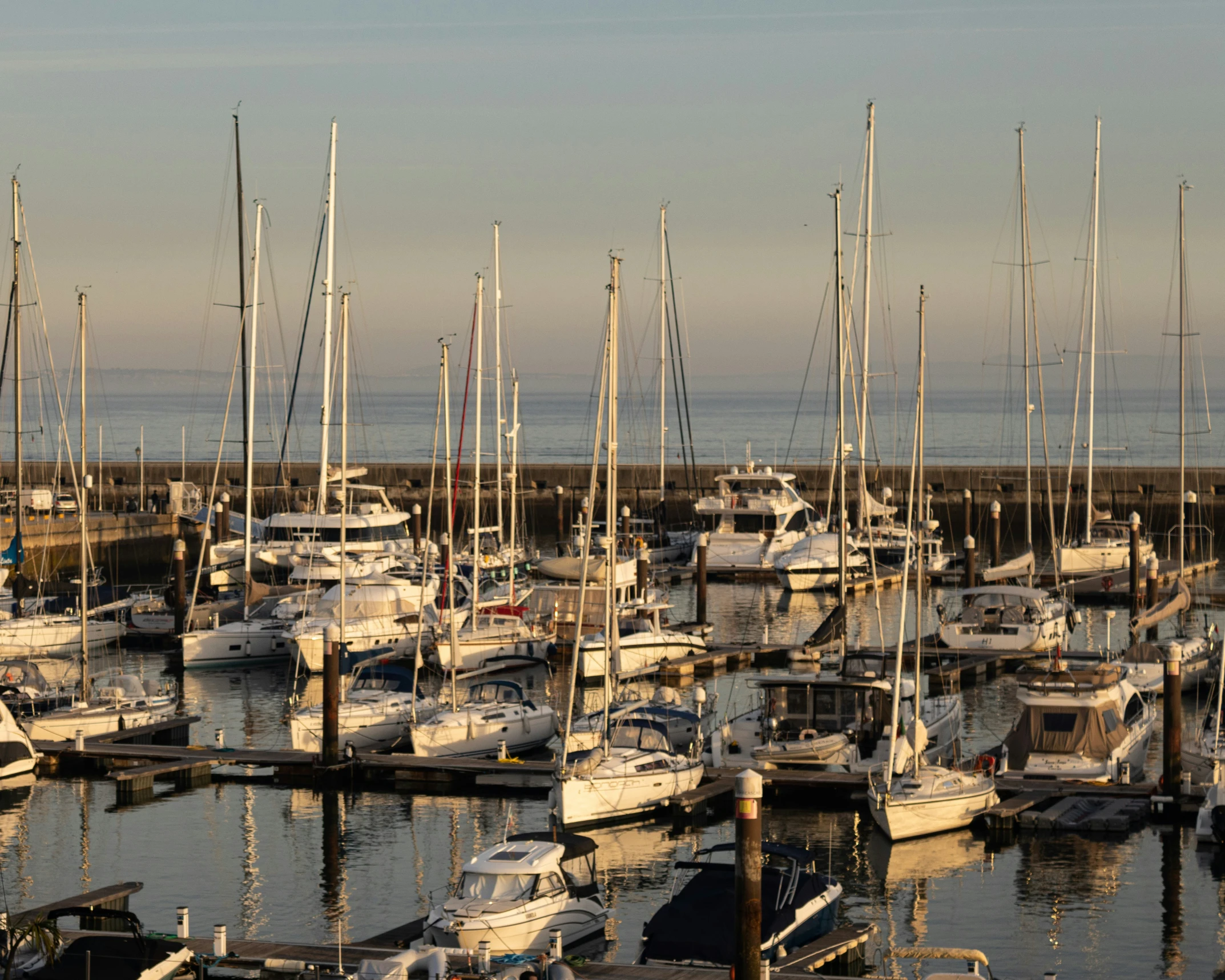 a very crowded marina with white boats