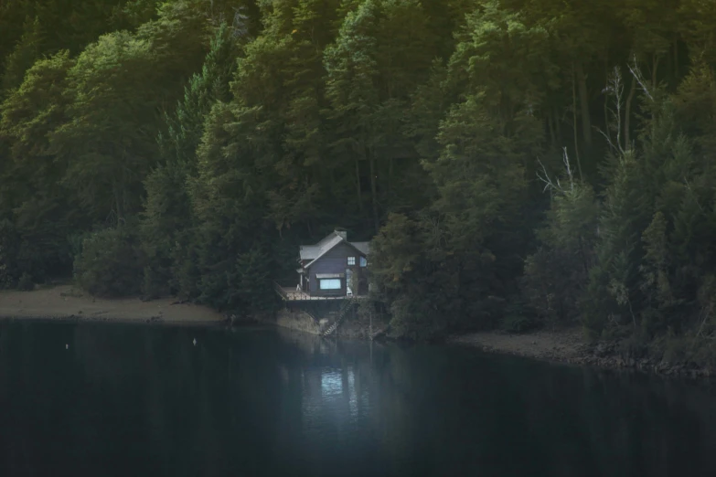 a house on a tree covered lake shore