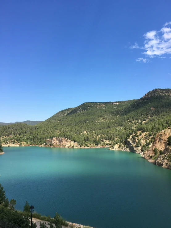 a mountain side with lake surrounded by a forest