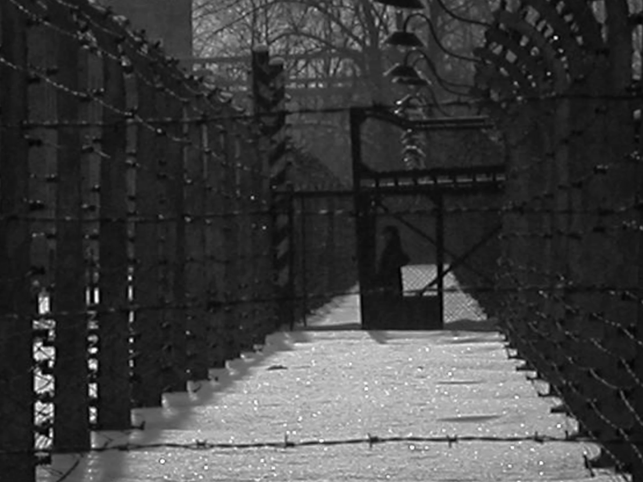 there is a man walking on the bridge covered in snow