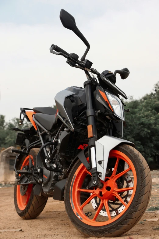 a motorcycle parked in the dirt near some bushes