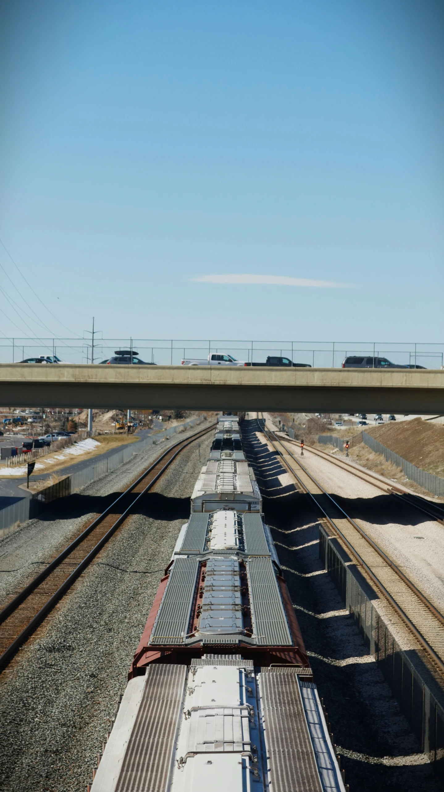 a train carrying freight passes underneath a bridge