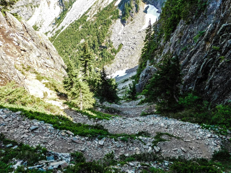 a view of the rocky mountain side from above