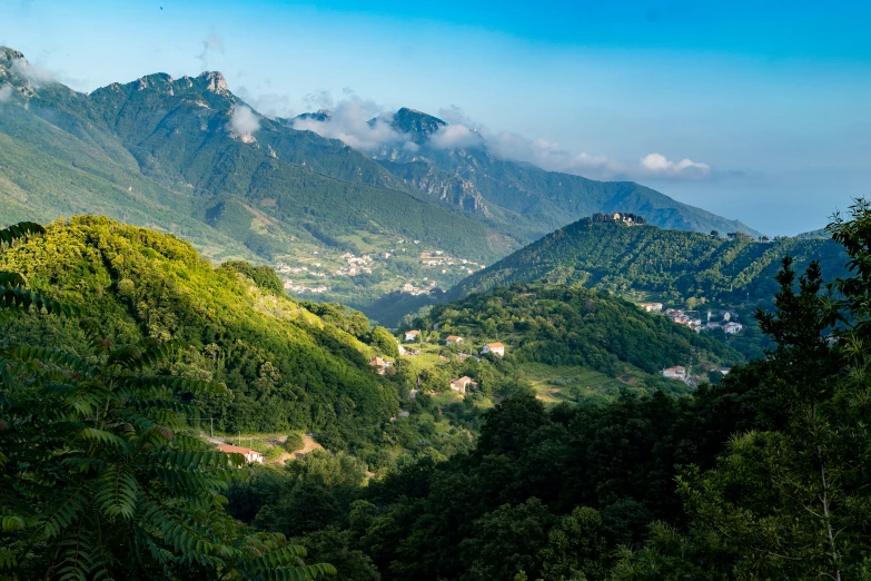 mountains that have lush green trees in the foreground