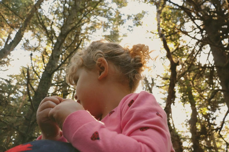 a child is sitting in the trees looking