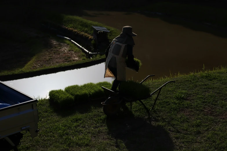 an adult standing in the grass next to a body of water