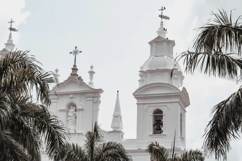 two steeples on a white building behind palm trees
