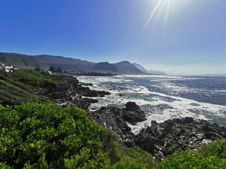 a view of the ocean, rocks and a shore with green bushes on the side