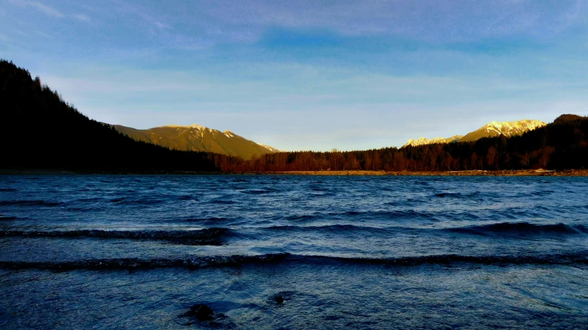 there are some trees and some mountains by the water