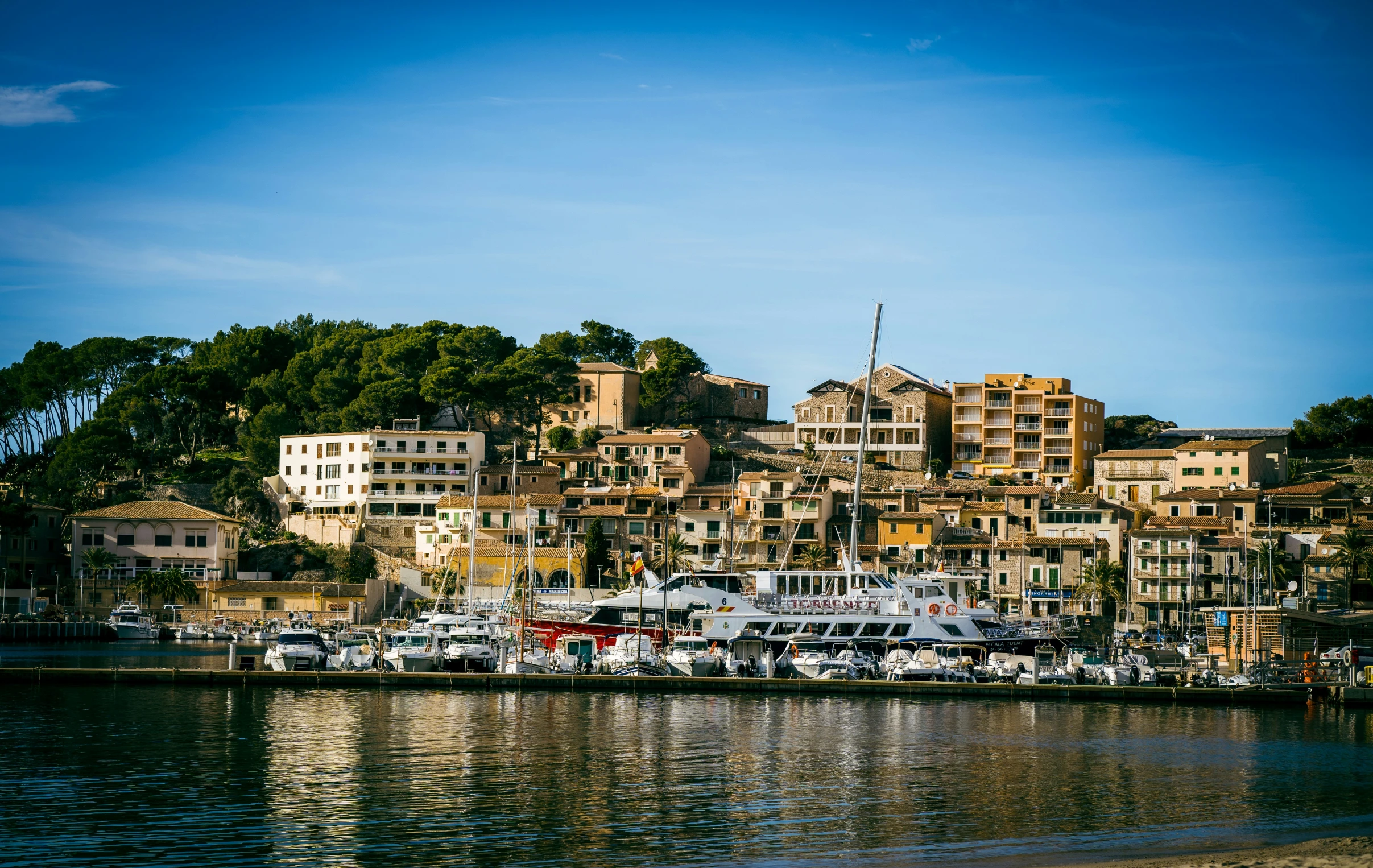 an urban marina filled with boats under blue skies