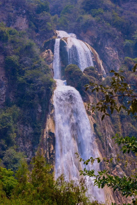 large waterfall near many trees in front of mountains