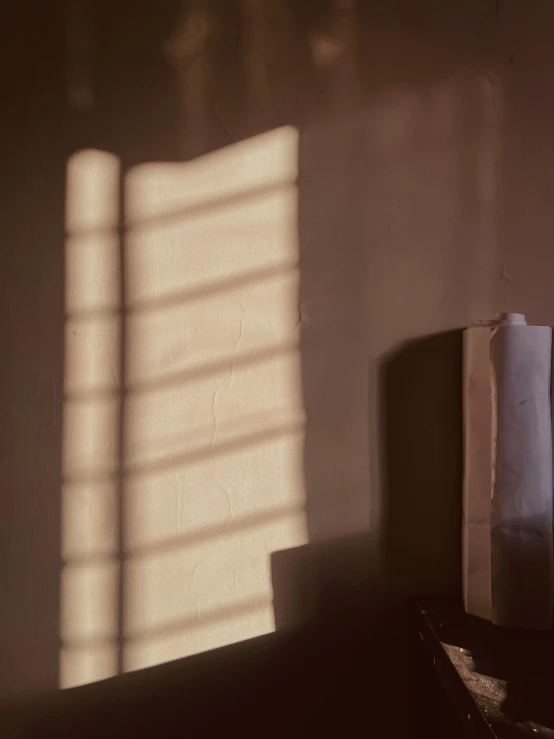 a wooden shelf topped with a container and a window