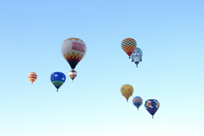 several  air balloons flying in the blue sky