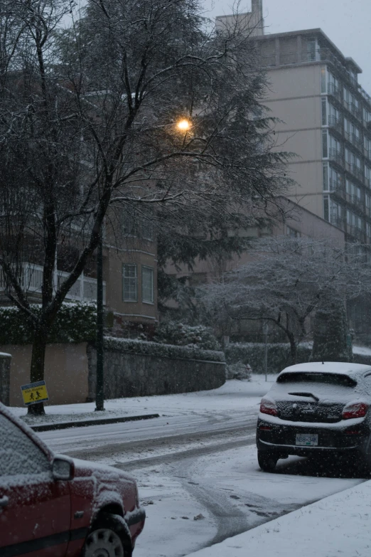 a couple of cars are covered in snow on a street