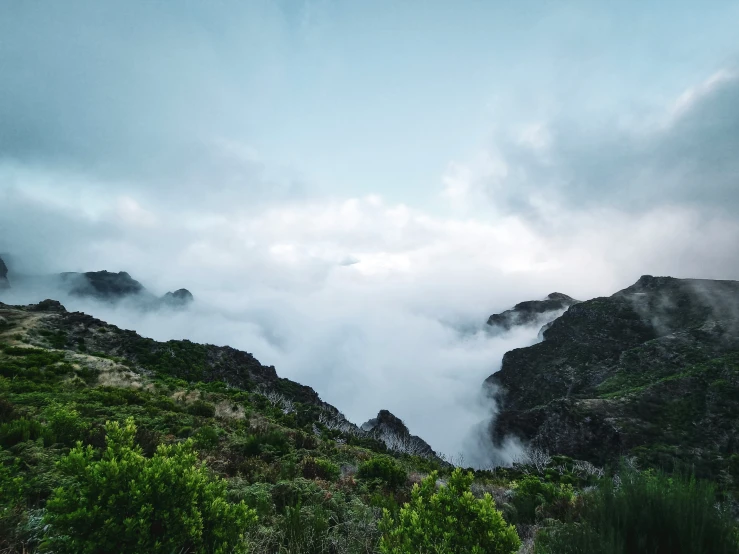 mountain side fog shrouded in by mountains