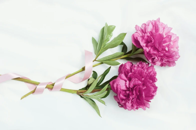 flowers with ribbons on them are laying on the sheet