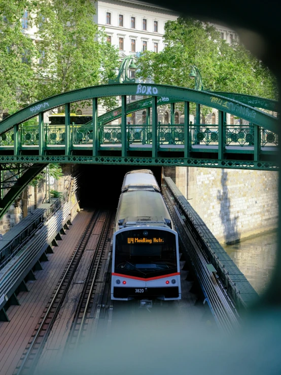 the transit train crosses over the bridge in the city