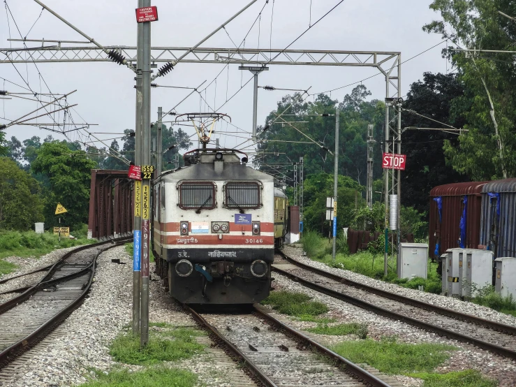 a white and red train on tracks near trees