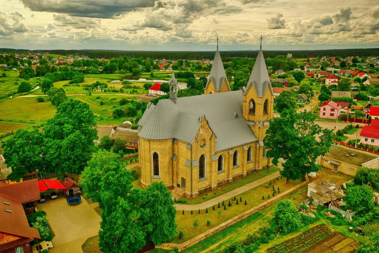 an aerial view shows the old buildings and church