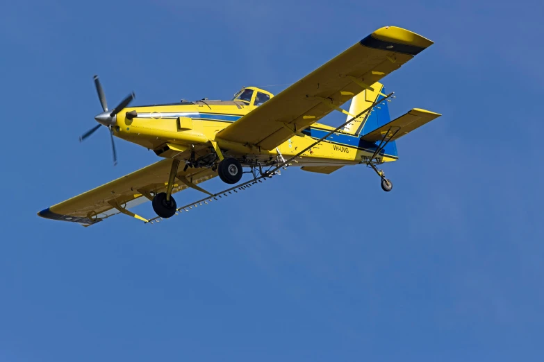 a yellow and blue biplane flying in a clear sky