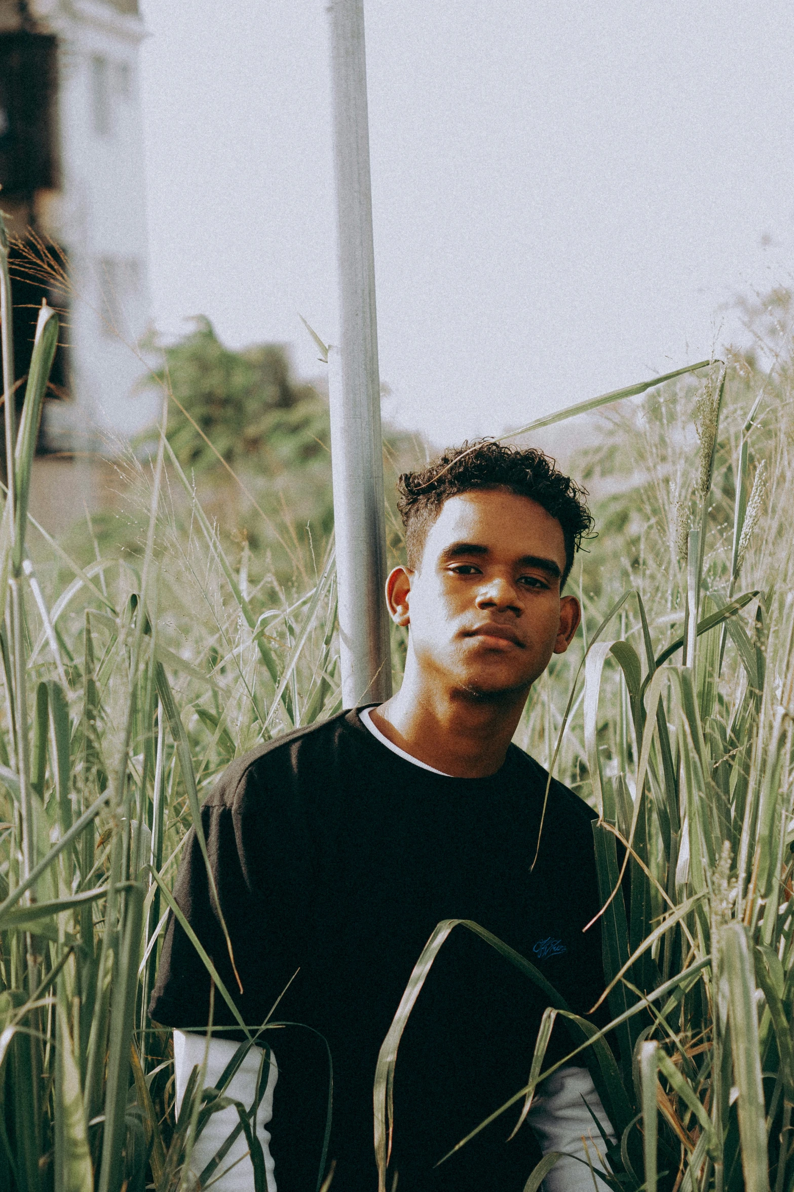 a young man sitting in tall grass near the pole