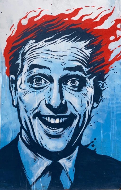 a painting on a wall of a smiling man