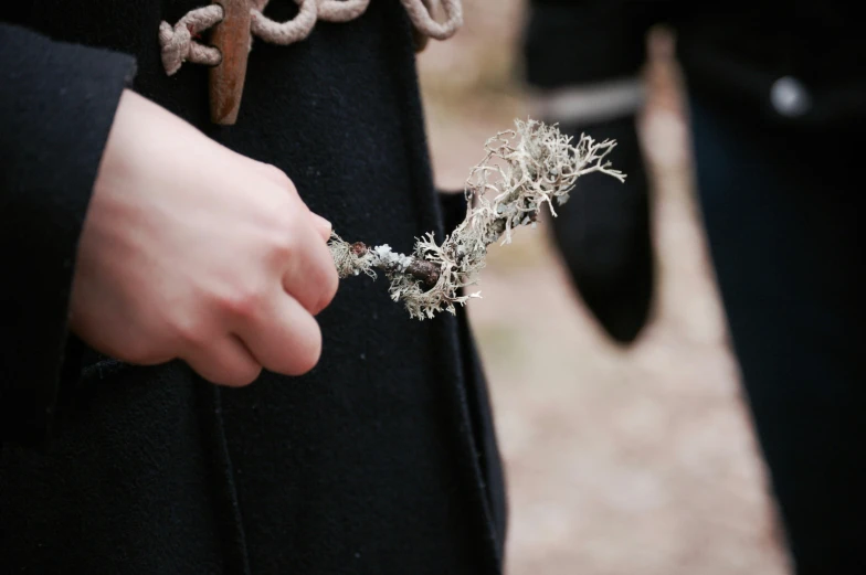 a close up of a person's hand holding flowers