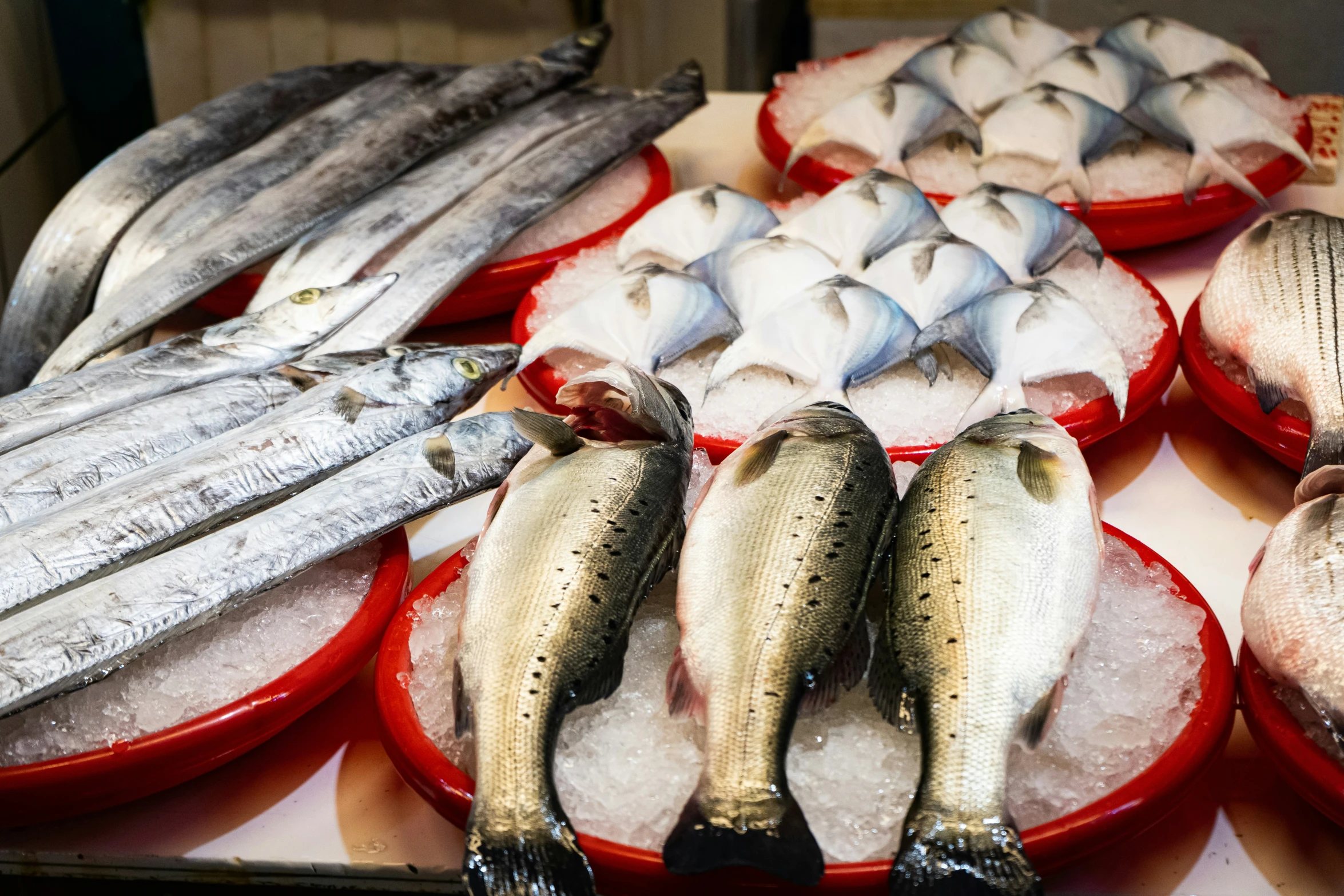 fresh fish are on display in red bowls
