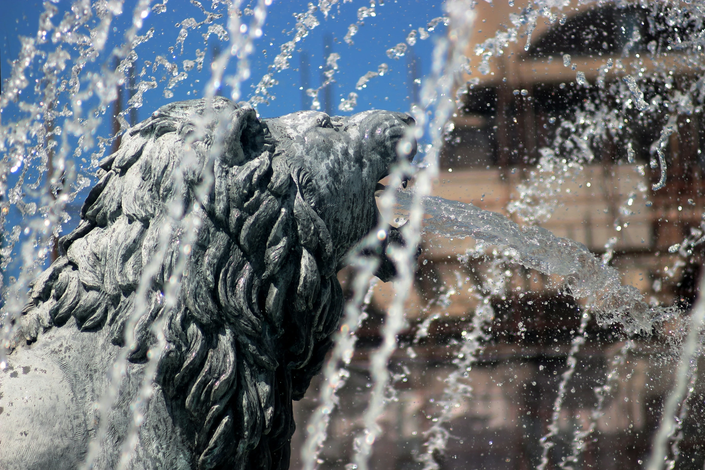 water spewing from a fountain near a building