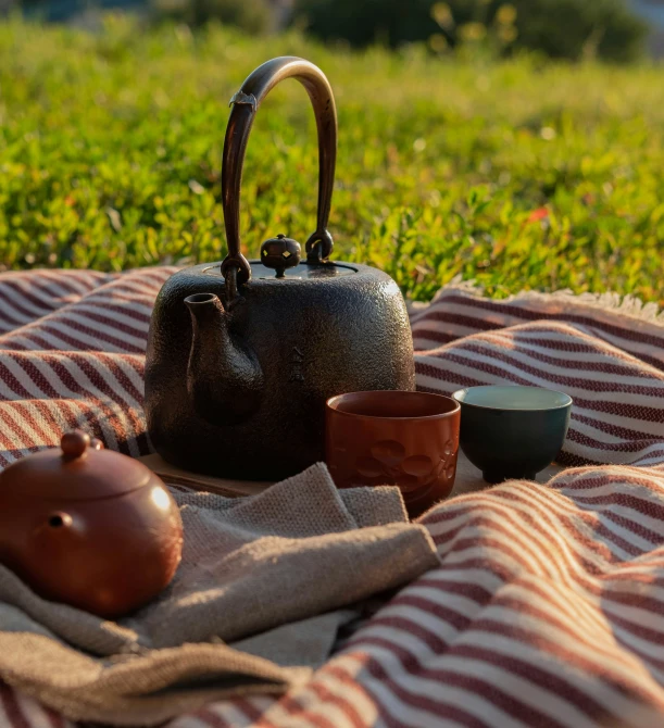 a tea pot is shown on a towel with a pot and a mug on it