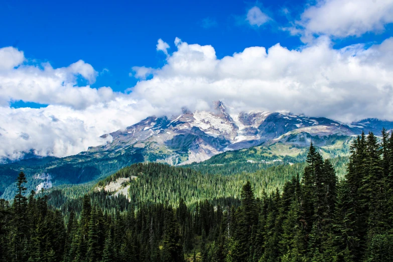 a mountain covered in green trees and clouds