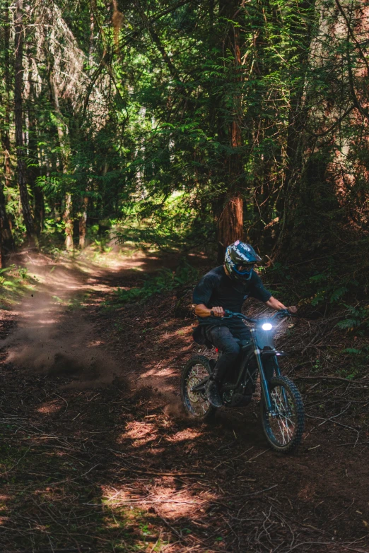 person riding a dirt bike through the woods