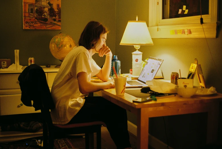 a woman sitting at a desk in front of a laptop computer