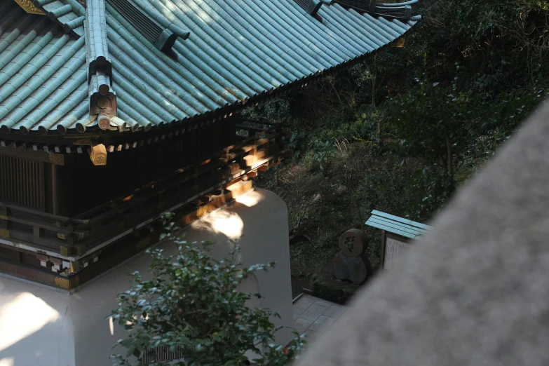 a cat sitting on a roof above another cat