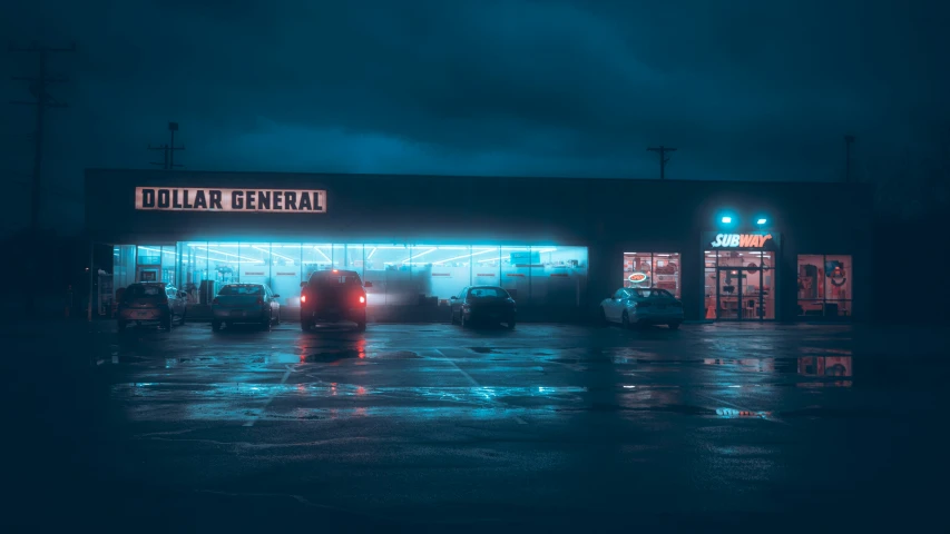 a grocery store on a rainy evening in the rain