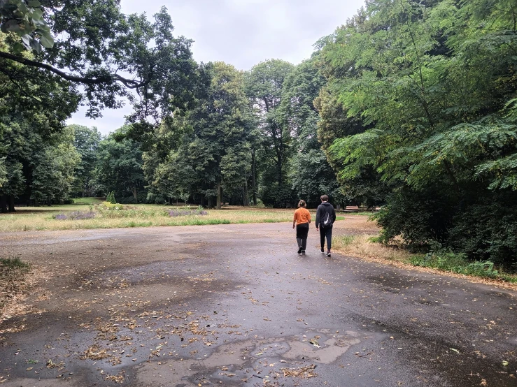 people are walking down a road next to trees