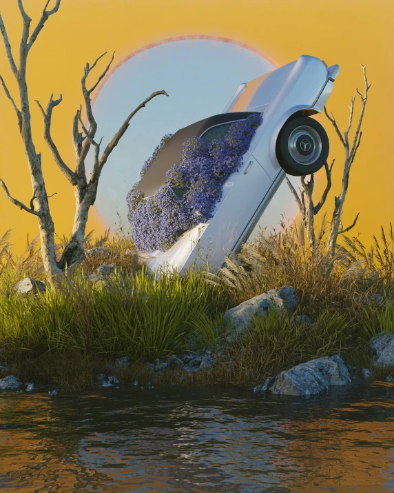 a white car sitting in the water on top of a grass and rocks