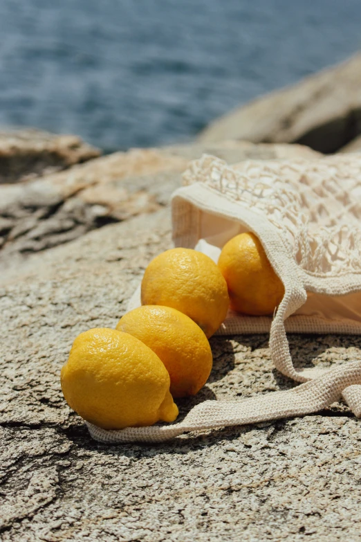 three lemons are sitting on top of a sack