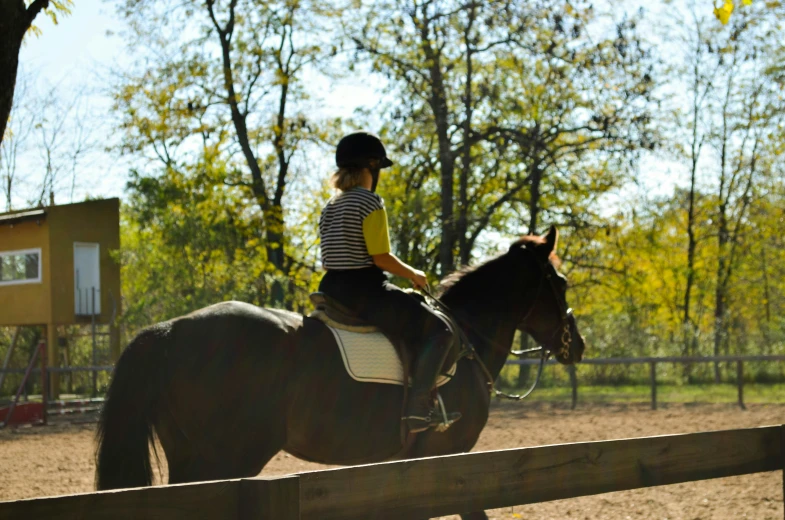 a  is riding a horse inside a corral