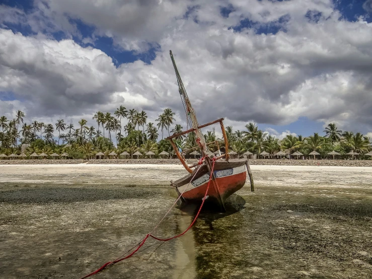 there is a small boat in shallow water