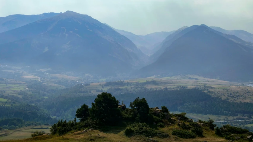 a valley with mountains in the background with trees and grass