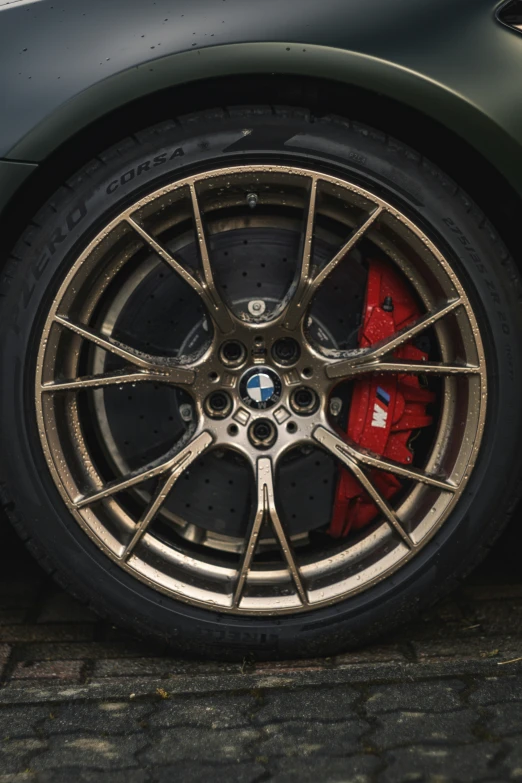 close up of the front wheels and rim of a silver sports car